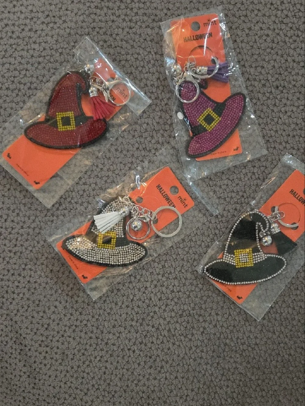 Witch Hat Keychains in Red,purple, Pink & Black with Tassel Charms